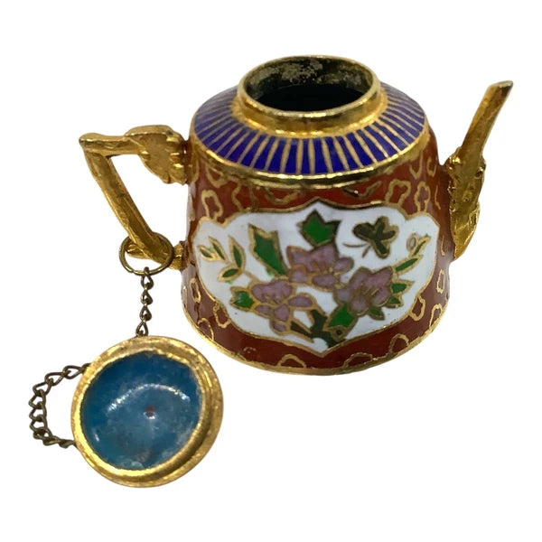 Vtg Cloisonné Miniature Chinese Teapot 6pc Set Brass Enamel Floral Inlay Unique