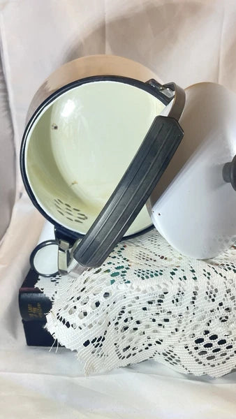 Vintage Black And White Enamelware Tea Kettle With Black Handle