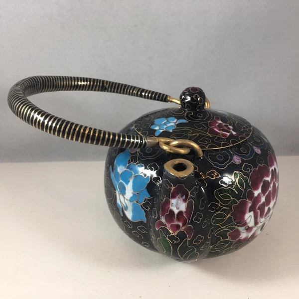 Vintage Chinese Cloisonne Teapot Black Tea Pot Bronze Brass Copper Floral Enamel