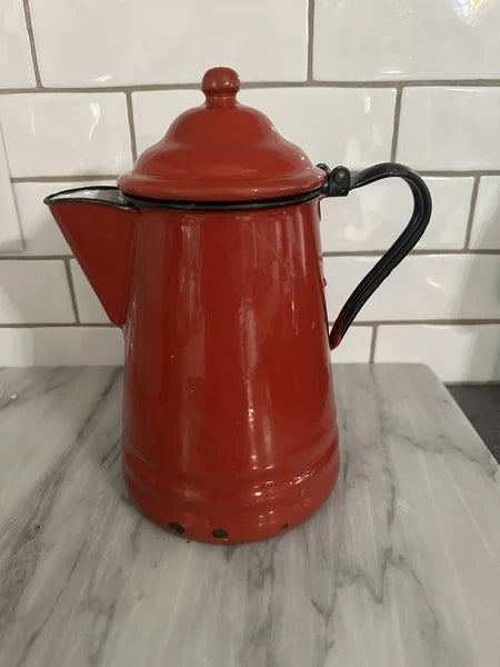 Red Enamel Teapot Metal Enamelware Farmhouse Country Vintage French