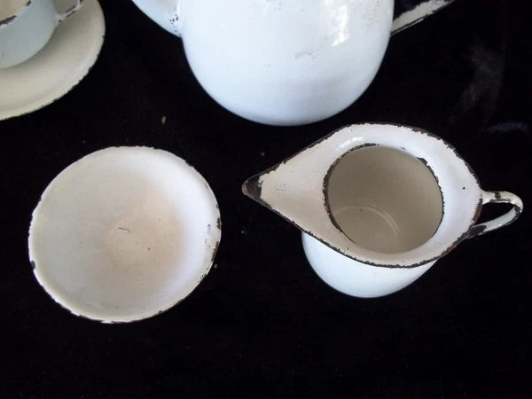 Vintage Big Doll Enamel Ware Picnic Set  Teapot Sugar Creamer 4 cups Saucers