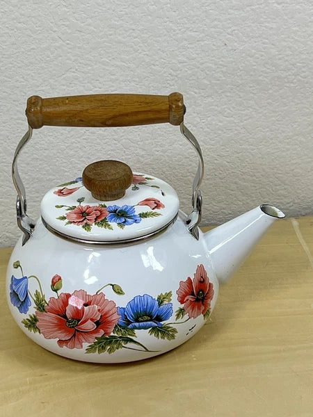 vtg 1983 Enamel Dogwood Tea Pot Kettle Gailstyn-Sutton Cottagecore