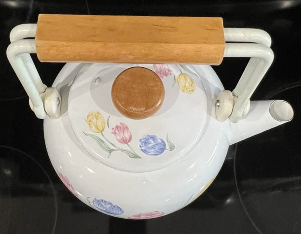 VTG 80s Tea Kettle Floral Porcelain Enamel on Steel Tableworks Unlimited Pastel