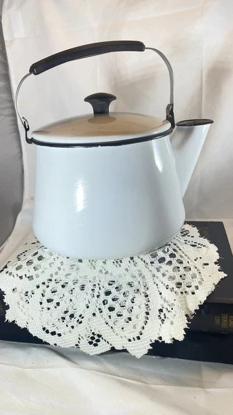 Vintage Black And White Enamelware Tea Kettle With Black Handle