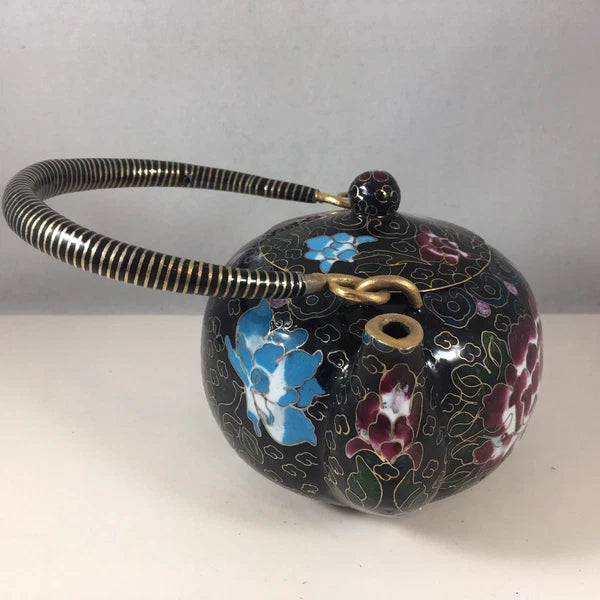 Vintage Chinese Cloisonne Teapot Black Tea Pot Bronze Brass Copper Floral Enamel