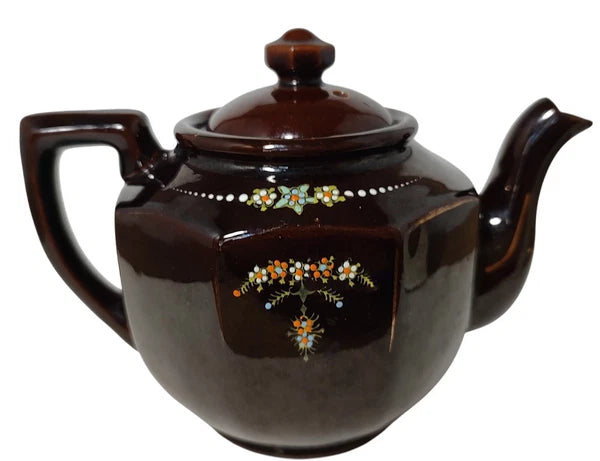 Vintage Brown Betty Redware Teapot Moriage Enamel Hand Painted Made In Japan SEE