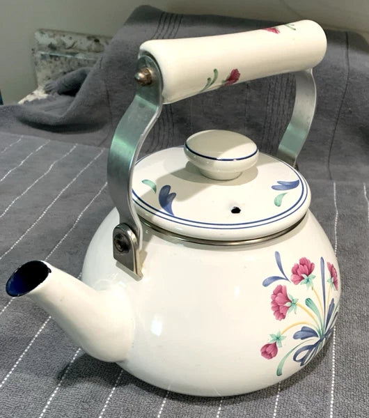 VINTAGE LENOX POPPIES ON BLUE METAL ENAMEL TEA POT KETTLE 8 CUP USA  EX COND.