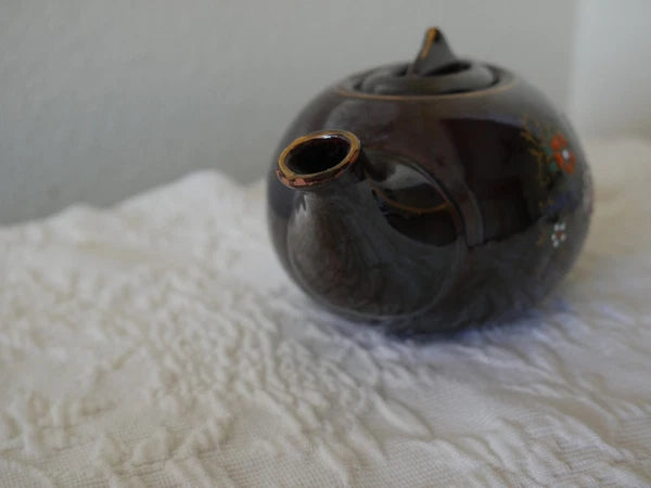 Small Long Redware Teapot Gold Trim Hand Painted Enamel Flowers Vintage Japan