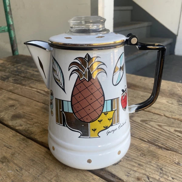 Vintage MCM Georges Briard Ambrosia Enamel Coffee Tea Pot Fruit Pineapple