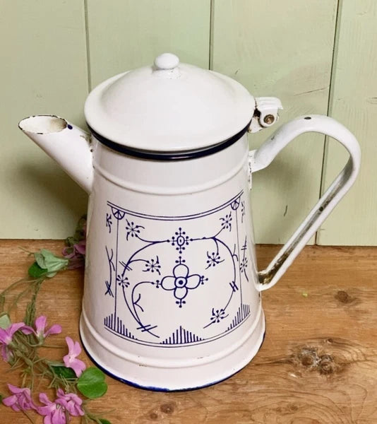 UK ANTIQUE Enamel Saxony Teapot Blue White Design Vintage Kitchenware
