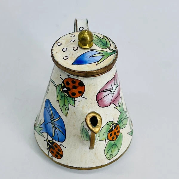 VINTAGE MINI HAND-PAINTED FLORAL LADYBUG METAL ENAMEL/BRASS TEAPOT/WATER CAN