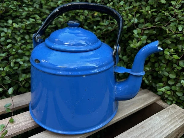 VTG Blue Enamelware Teapot Kettle Farmhouse Rustic Kitchen Decor Primitive