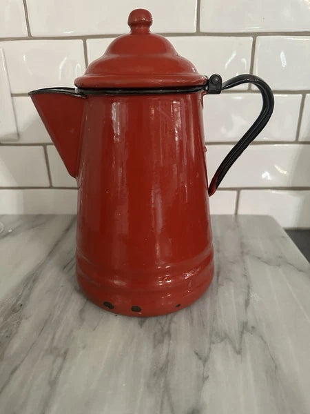 Red Enamel Teapot Metal Enamelware Farmhouse Country Vintage French