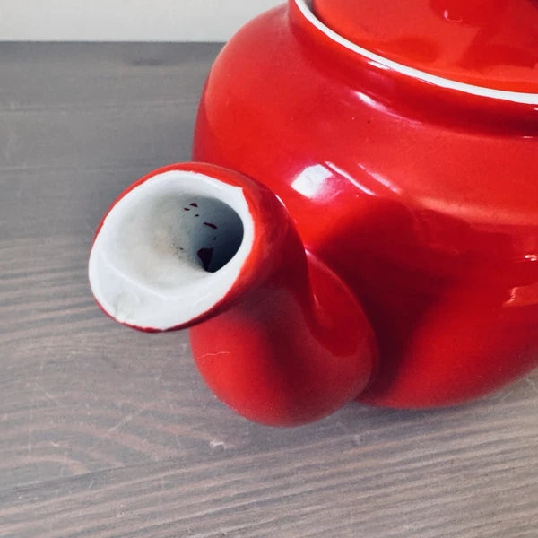 Vintage Mid Century Modern Red Glazed Pottery 3-Cup Tea Pot Enameled Interior 9”
