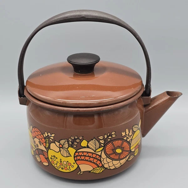 Vintage 70's Mushroom & Fruit Enamelware Brown Tea Kettle With Lid & Handle