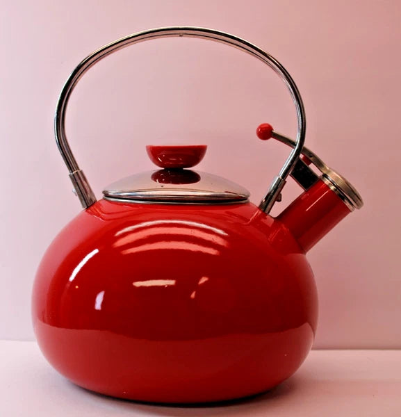 Vtg Copco Red Whistling Teapot Wire Handles 2.5 Qt.