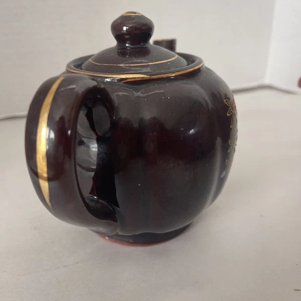 Brown Betty Redware Teapot Moriage Enamel Hand-Painted Mini Japan Vintage 4.5”