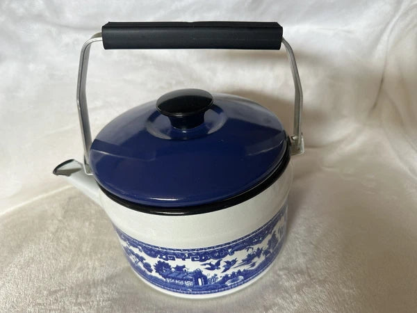 Vintage Enamel Tea Kettle White With Blue Scene