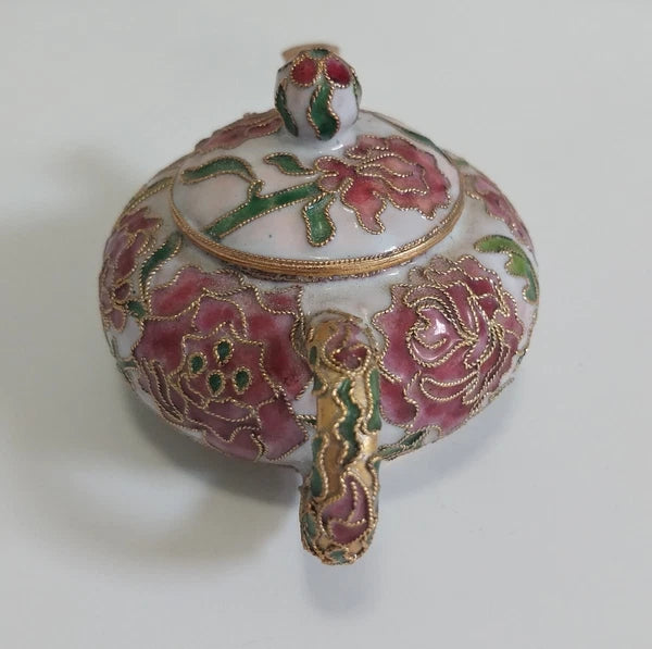 Miniature Floral Enamel Cloisonné Teapot Pink/Mauve Flowers