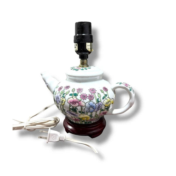 Teapot Table Lamp Floral Enamel Ceramic Wood Base Electric Vintage  8.25 X 8.75"