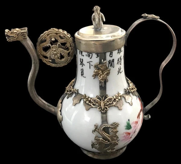 VTG Signed Miniature Chinese Porcelain~Cloisonné Enamel Tea Pot~Mix Metal~Dragon