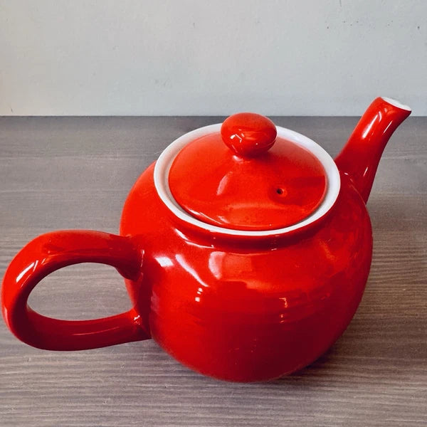 Vintage Mid Century Modern Red Glazed Pottery 3-Cup Tea Pot Enameled Interior 9”