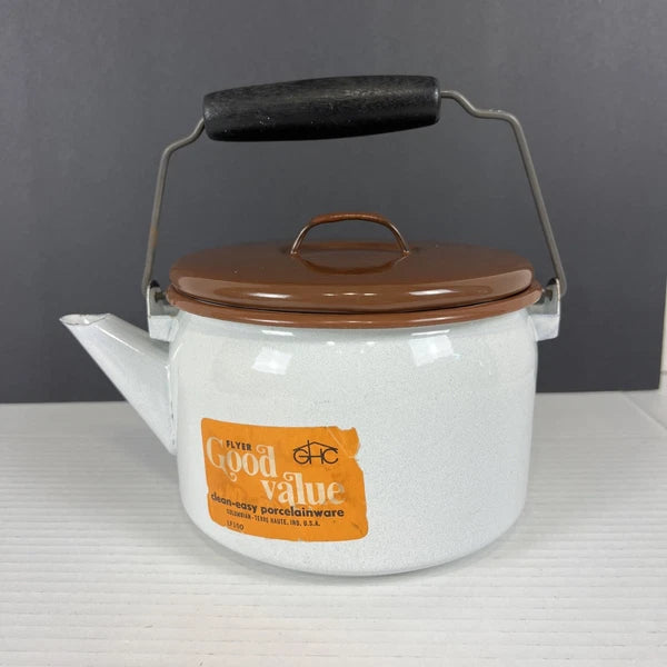 Vintage White Brown Enamel Tea Kettle Colombian Terre Haute IA UNUSED 6cup