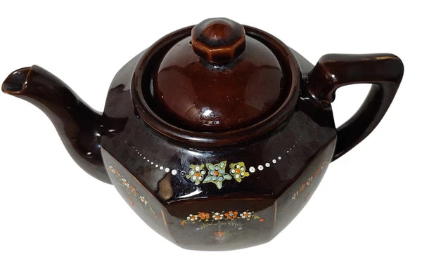 Vintage Brown Betty Redware Teapot Moriage Enamel Hand Painted Made In Japan SEE