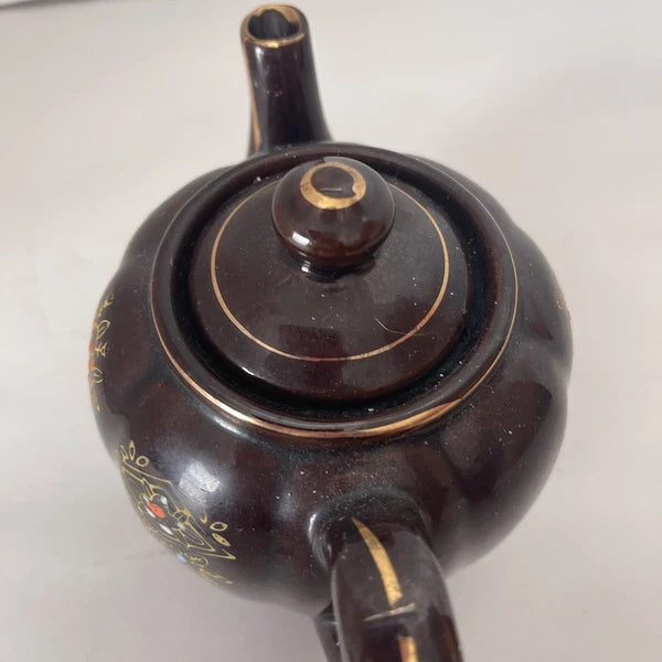 Brown Betty Redware Teapot Moriage Enamel Hand-Painted Mini Japan Vintage 4.5”