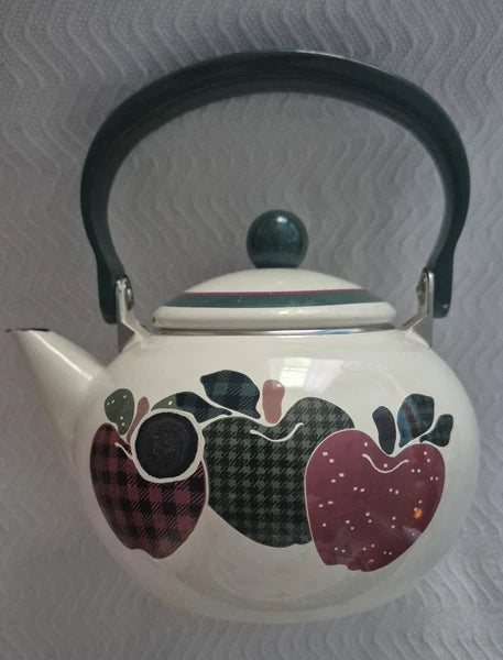 Vintage Apple Themed Enamel Metal 8 Cup - Teapot Kettle