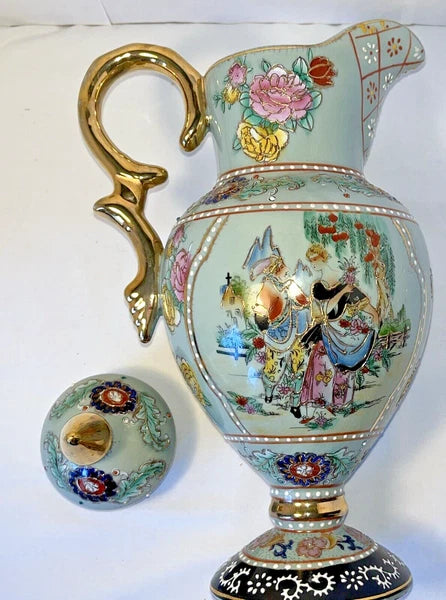 Tall Porcelain Carafe Chocolate Pot Pitcher & Lid Enamel Gold Accents Victorian