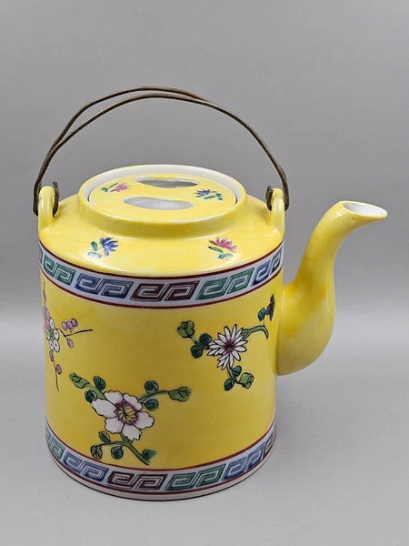 Vintage Asian Inspired Teapot with Flat Lid & Wire Handles Floral On Yellow