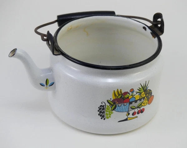 Vintage White Enamelware Metal Teapot / Tea Kettle with Retro Fruit Bowl Design