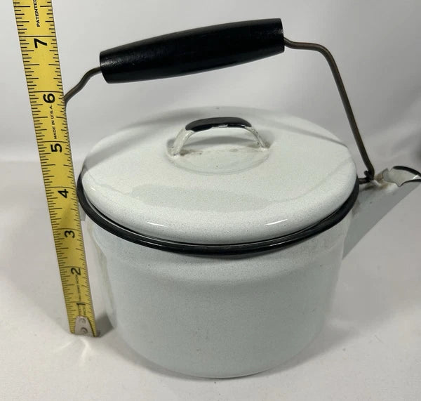 Vintage Enamelware Lidded TeaPot White w/ Black Trim, Wood Handle Farmhouse