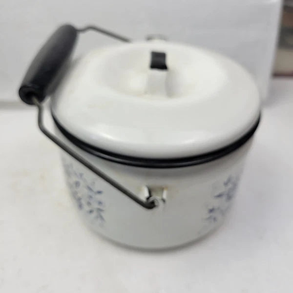 Vintage Blue Onion Danube Style Enamel Teapot Metal Bail Wood Handle