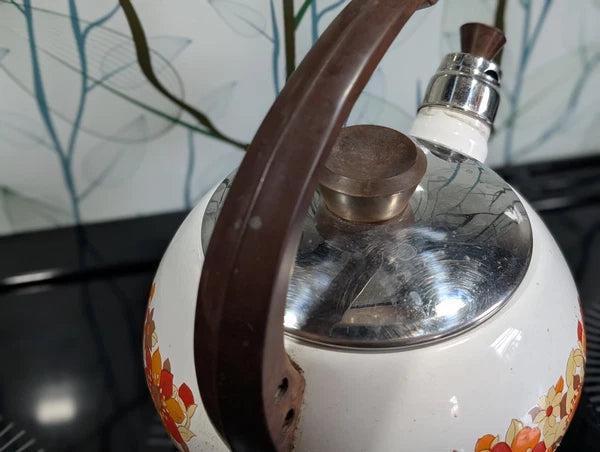 Vintage Bumper Harvest Enamelware Teapot Whistling Kettle Tea Pot Has Rust Spots