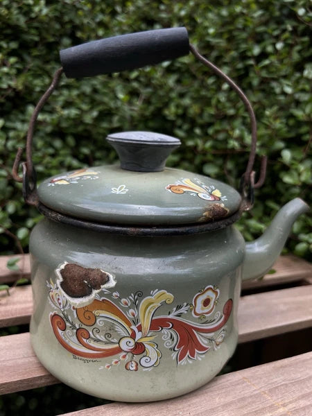 VTG Berggren Enamelware Kettle Teapot Scandinavian Rosemaling Folk Art Green