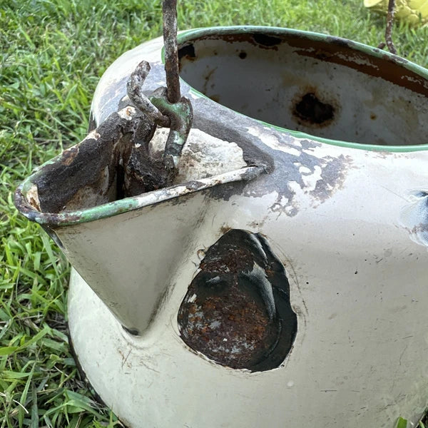 Vintage Enamelware Tea Pot with Wood Knob Handle cream and green.
