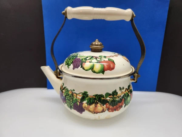 Tabletops Unlimited Vitroceramic Tea Pot With Lid Enamel Fruit Pattern