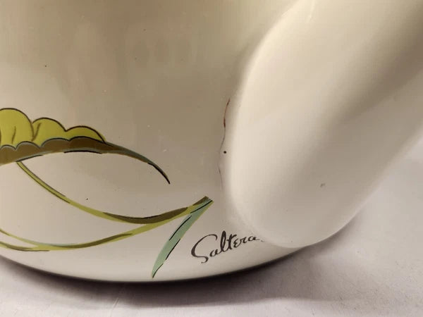 Vintage Saltera Himark Enamel RARE Teapot MCM  Red Orange Floral Wooden Handle