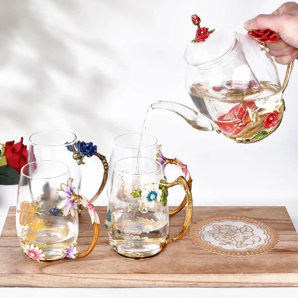 Enamel Glass Flower Tea Pot With Removable Loose Leaf Infuser Tea-Pot
