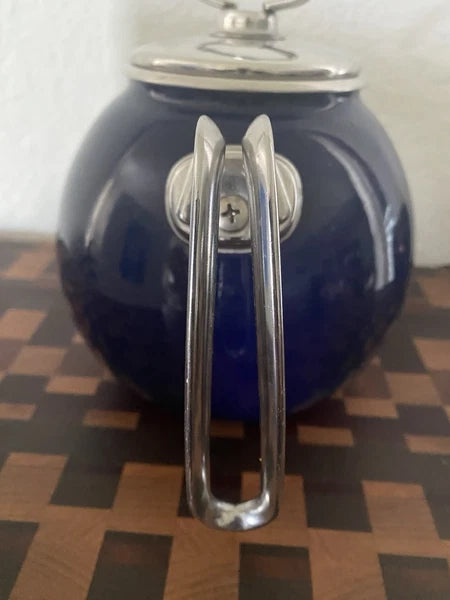 Vintage Chantal Dark Blue Tea Kettle Enamel On Steel With Stainless Accents 2QT